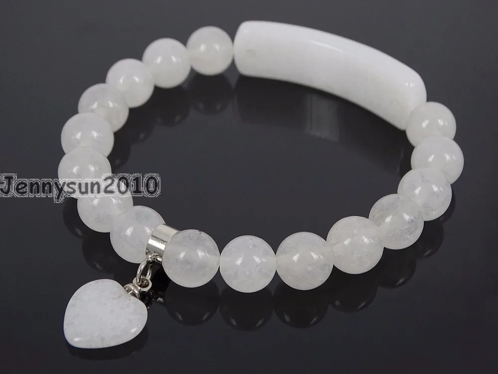 

Natural White Ja-de Gems Stone Heart Bar Round Beads Stretchy Bracelet Healing Reiki Chakra 5Strands / Pack