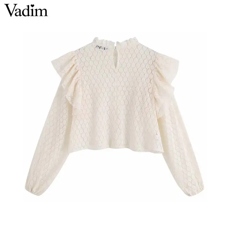 Vadim women sweet ruffles crop tops long sleeve solid female casual beige blouses summer hollow out chic shirts blusas LB297 |
