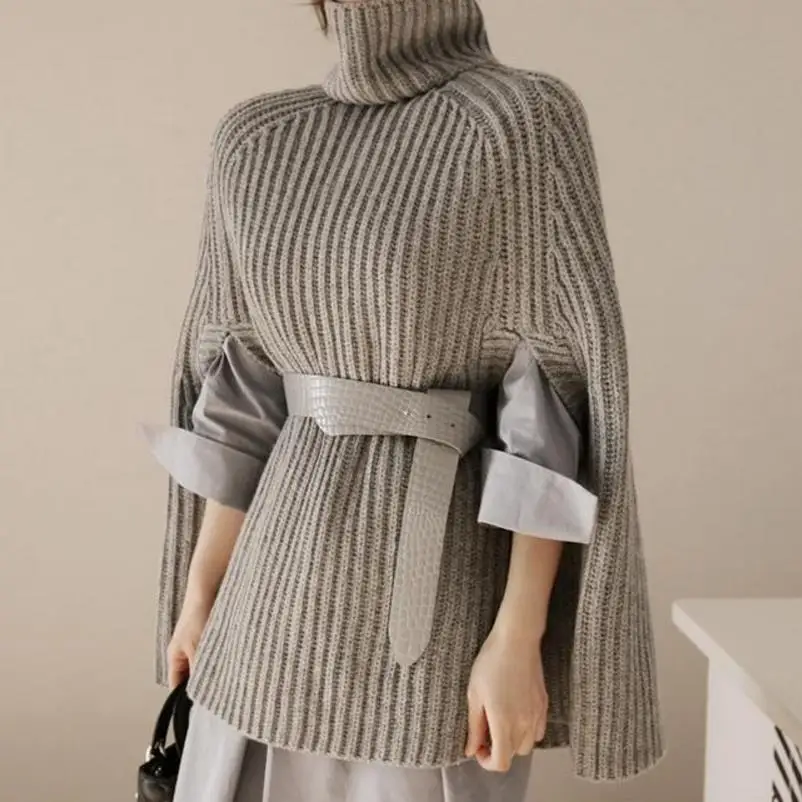 

Autumn and winter new split collar high collar sweater cape women sweater large size