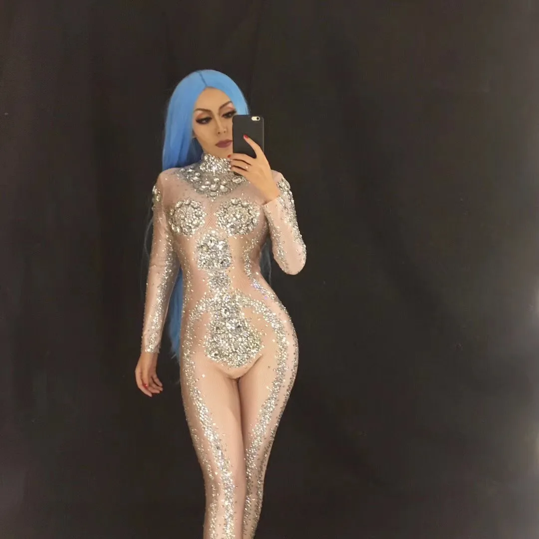 Glisten Crystals Printed Sexy Jumpsuit Birthday Prom Party Celebration Costume Nightclub Female Singer Stage Dance Show Bodysuit |