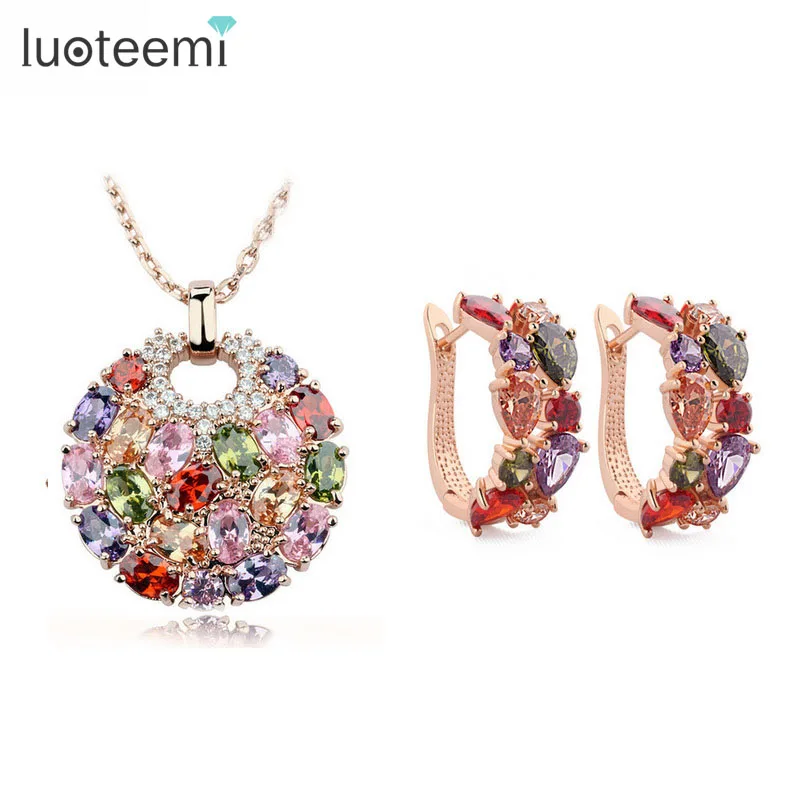 

LUOTEEMI Rose Pink Gold-Color Luxury Multi AAA Cubic Zirconia Big Pendant Necklace Earrings Set for Women Perfect Mother Gift