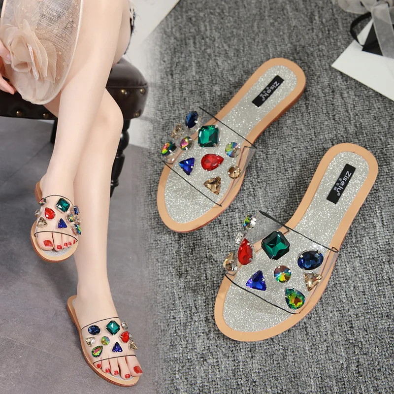 Разноцветные шлепанцы на плоской подошве со стразами Женские прозрачные летние