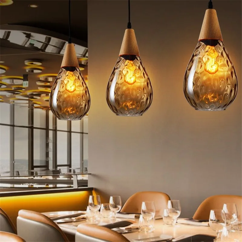 Bar Pendant Lighting Amber Glass Kitche Pendant Light Modern Lamp Hotel Wood Lights Room Study Office Ceiling Lamp Bulb Include