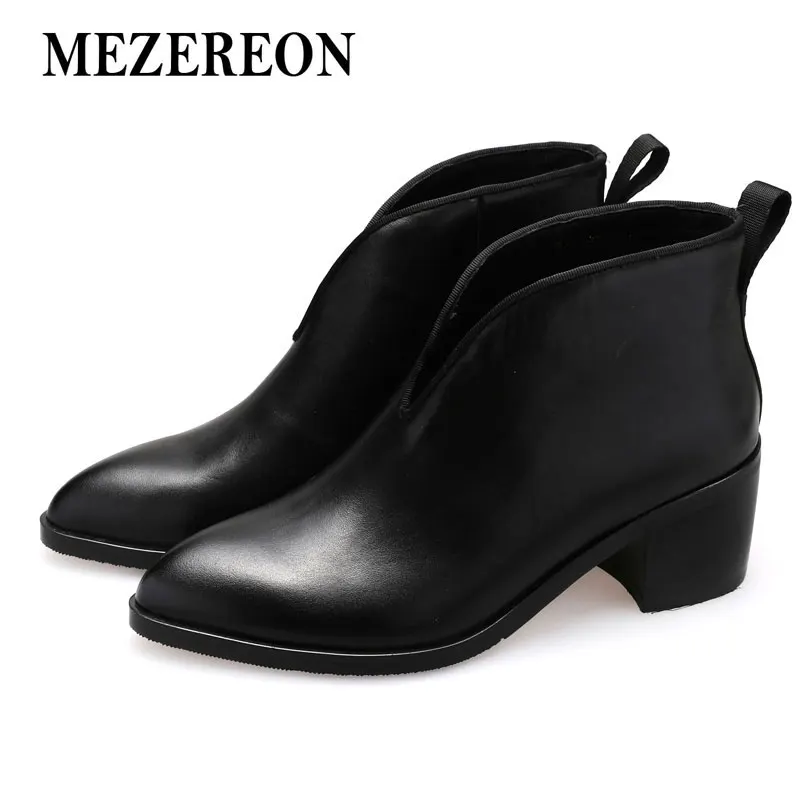 MEZEREON/модные женские ботильоны из натуральной кожи осенне зимние ботинки без