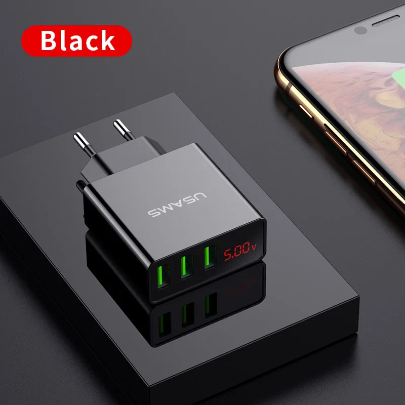 Светодиодный дисплей 3 USB зарядное устройство, USAMS Универсальное зарядное устройство для мобильного телефона Max 3A EU US настенное зарядное устройство для iPhone 7 8 X samsung Xiaomi зарядное устройство - Тип штекера: EU Black