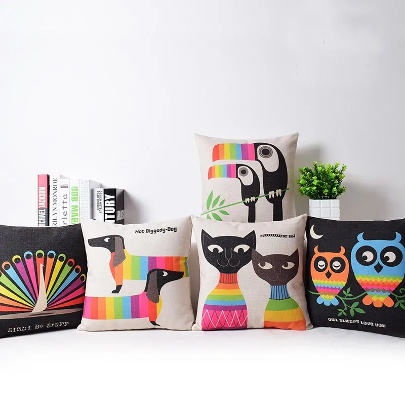 Наволочка для подушки в виде радужной сосиски собаки из льна и хлопка цветная