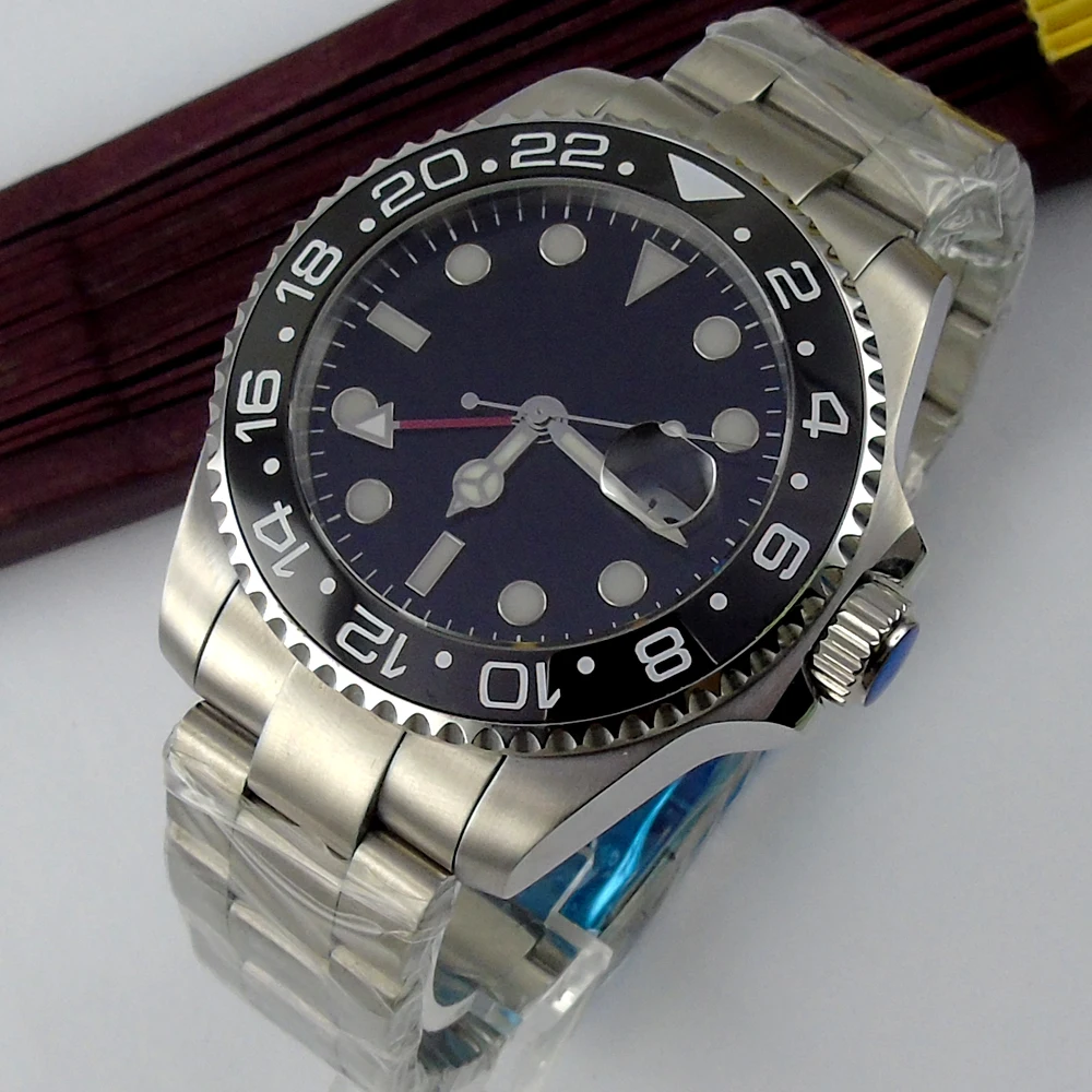 

43mm black dial red GMT ceramic bezel sapphire crystal automatic mens watch P7