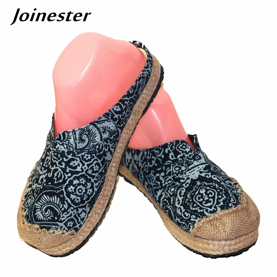 

Summer Women Ethnic Style Cotton Fabric Hemp Outdoor Slippers Manual Sewing Flat Heel Wide Toe Slides for Female Casual Shoes