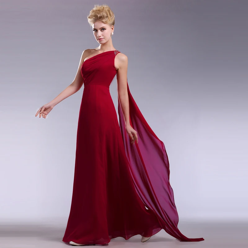 Женское длинное вечернее платье бордовое шифоновое на одно плечо для матери