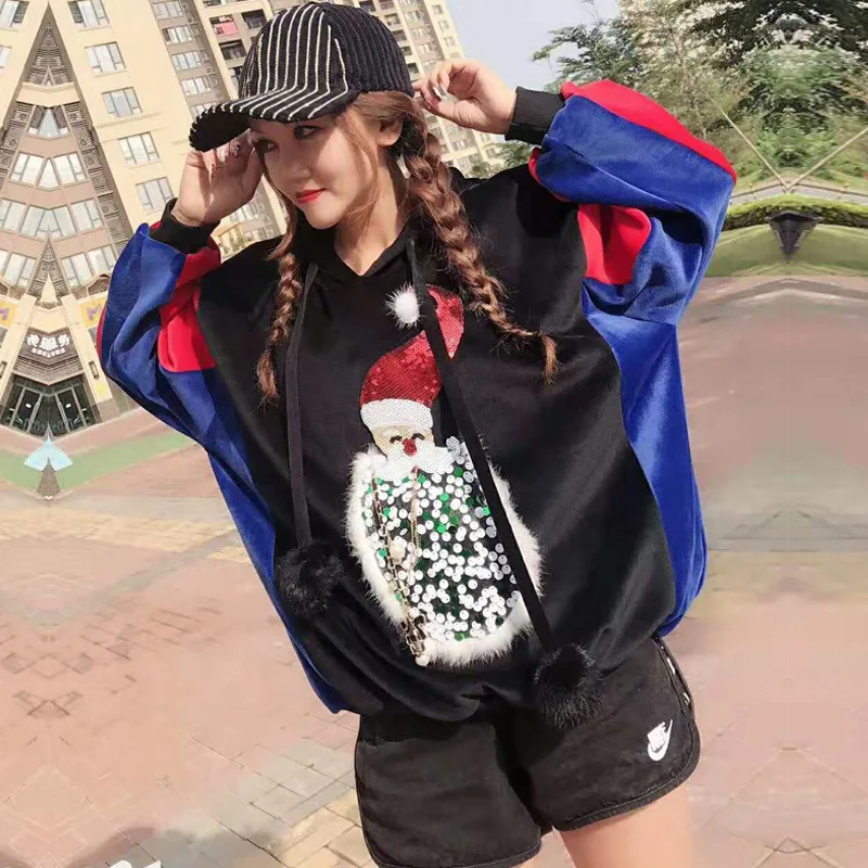 Рождественский свитер женский 2018 Зимний новый бренд с Санта Клаусом и пайетками
