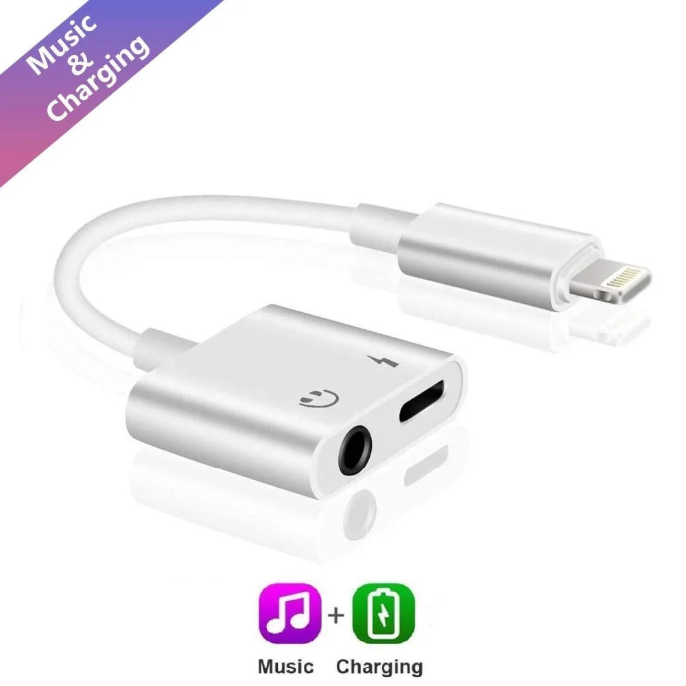 

Fanshu 2 in 1 Portable Audio Fast Charging Adapter 3.5mm Earphone Jack AUX Charger Connector Converter for iPhone7 8 Plus X