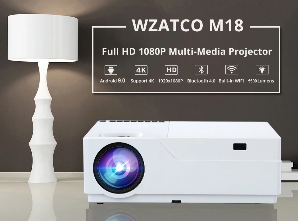 WZATCO Full HD проектор 1920x1080 Разрешение светодиодный проектор поддержка AC3 домашний кинотеатр 5500 люмен(опционально Android 9,0 wifi) M18