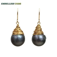 new diy hand made pearls gold plated hook dangle earring baroque black pearl fire ball stely tear drop shape with golden wire