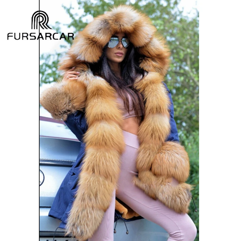 FURSARCAR New Winter Parka Luxury Women Natural Fur Jacket With Real Fox Fur Collar& Cuff Female Fashion Long Parkas Coat