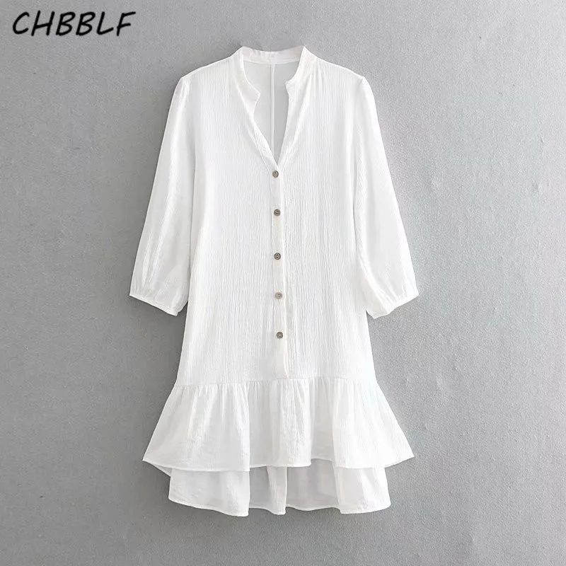 CHBBLF women white V neck dress buttons design three quarter sleeve female casual ruffles dresses vestidos NJN1328 | Женская одежда