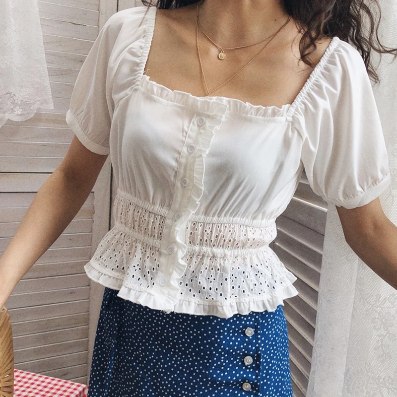 Летний топ с длинным рукавом белый женский короткий оборками и квадратным