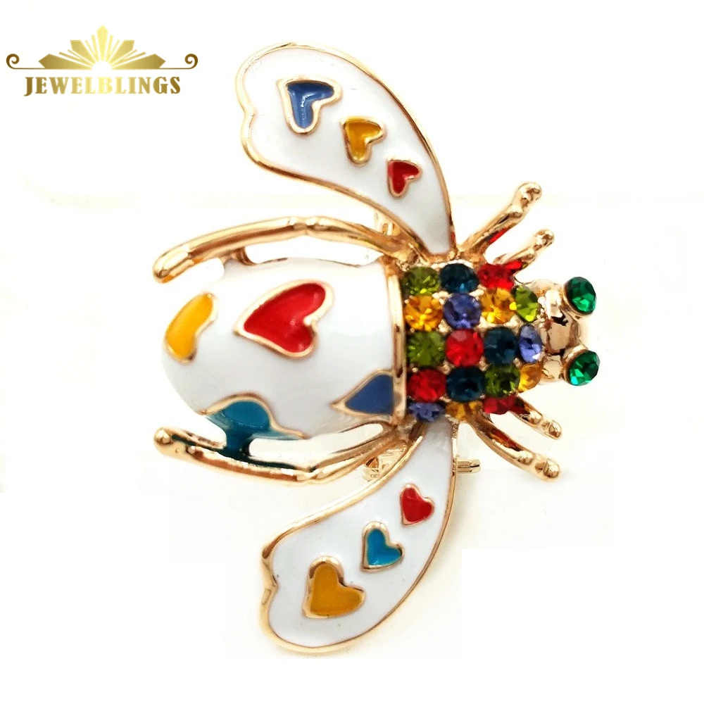 Pretty Pave Colored Crystal White Enameled Beetle Bug Brooches Gold Tone Colorful Heart Spotted Bee Pins Broach Insect Jewelry
