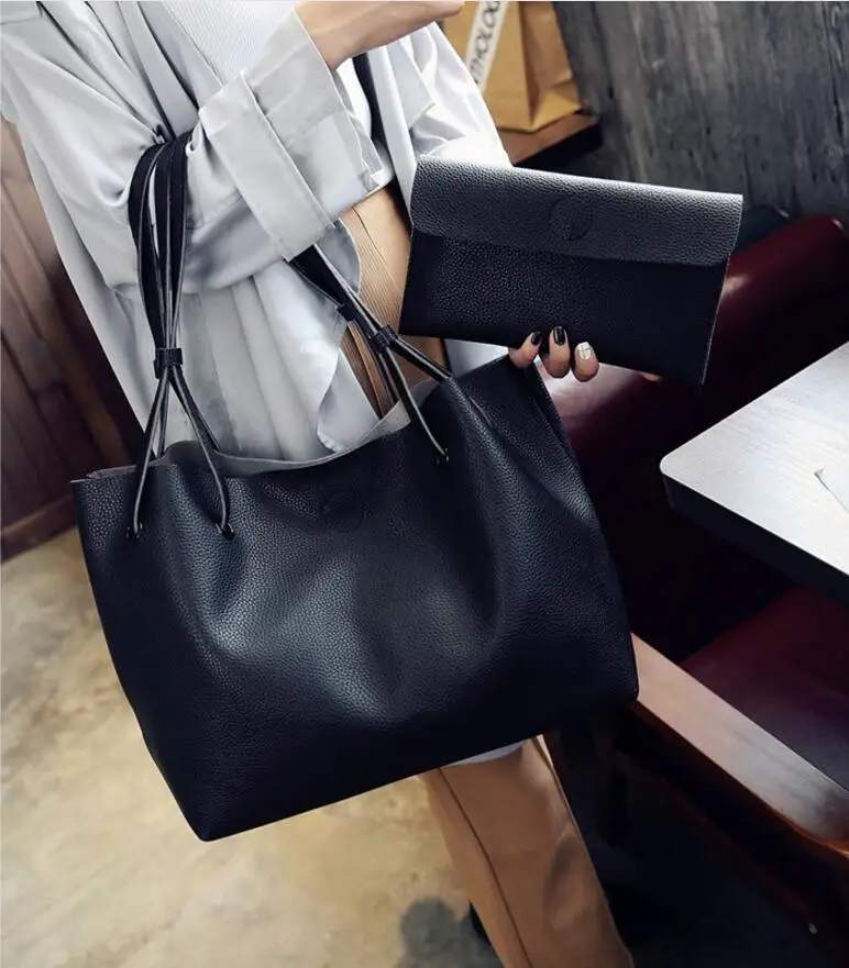 Сумка тоут женская из 2 предметов цвет черный серый/коричневый|handbag set|fashion