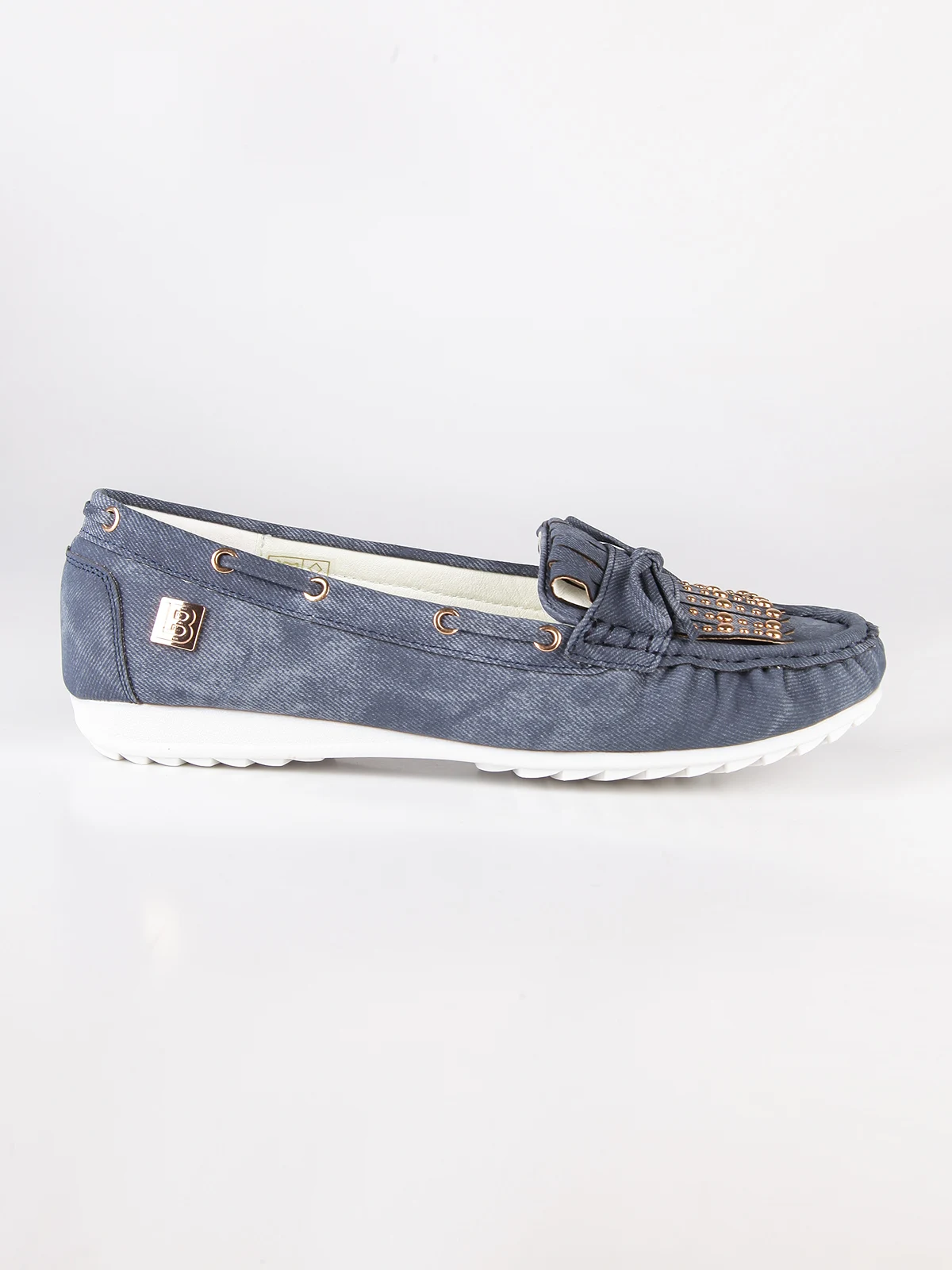 Мокасины из джинсовой ткани с бахромой и заклепками|Обувь без каблука| |