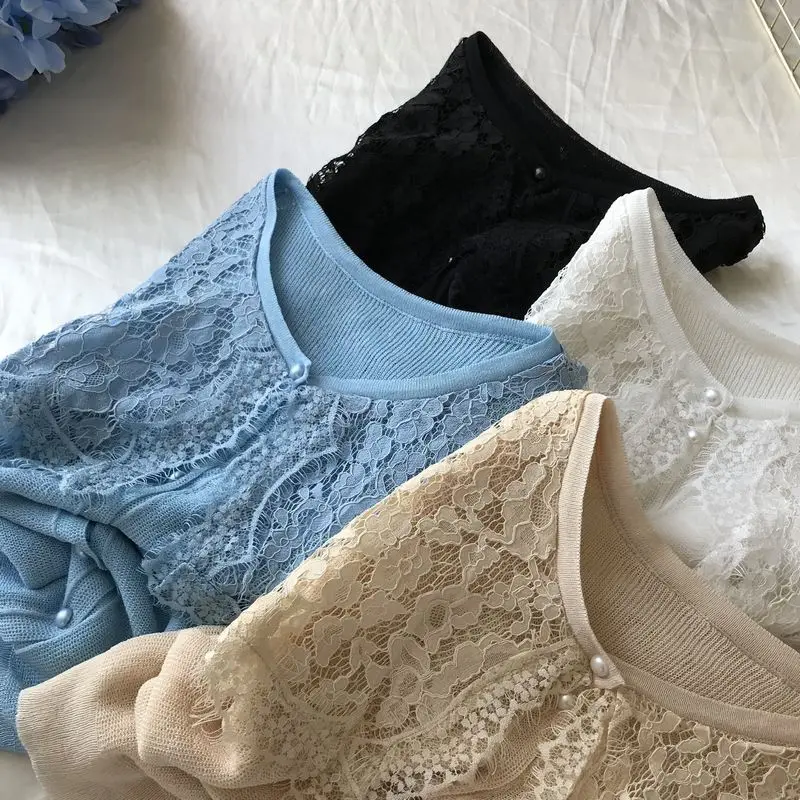 ALPHALMODA Летний Женский вязаный кардиган с кружевным воротником, однобортный кружевной кардиган в стиле пэчворк, милая Повседневная летняя одежда