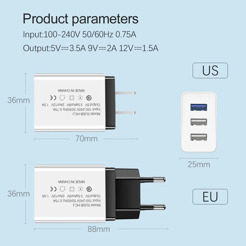 5 В/2 А 3 порта USB зарядное устройство EU/US адаптер для apple iphone samsung xiaomi huawei зарядные