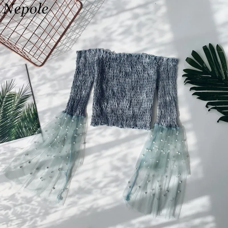 Neploe Ruched Mesh Искусственный Жемчуг Бисероплетение с расклешенными рукавами Blusa Modis