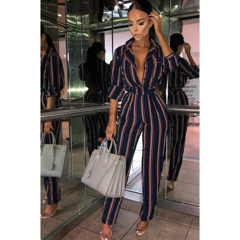 Sexy Stripe Jumpsuit Romper Women deep v neck long playsuit Boho beach jumpsuit female overalls | Женская одежда