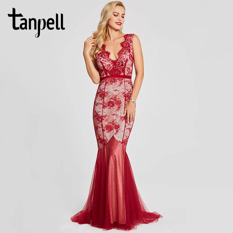 

Tanpell lace v neck evening dress burgundy sleeveless floor length sweep train dress women long backless formal evening dresses
