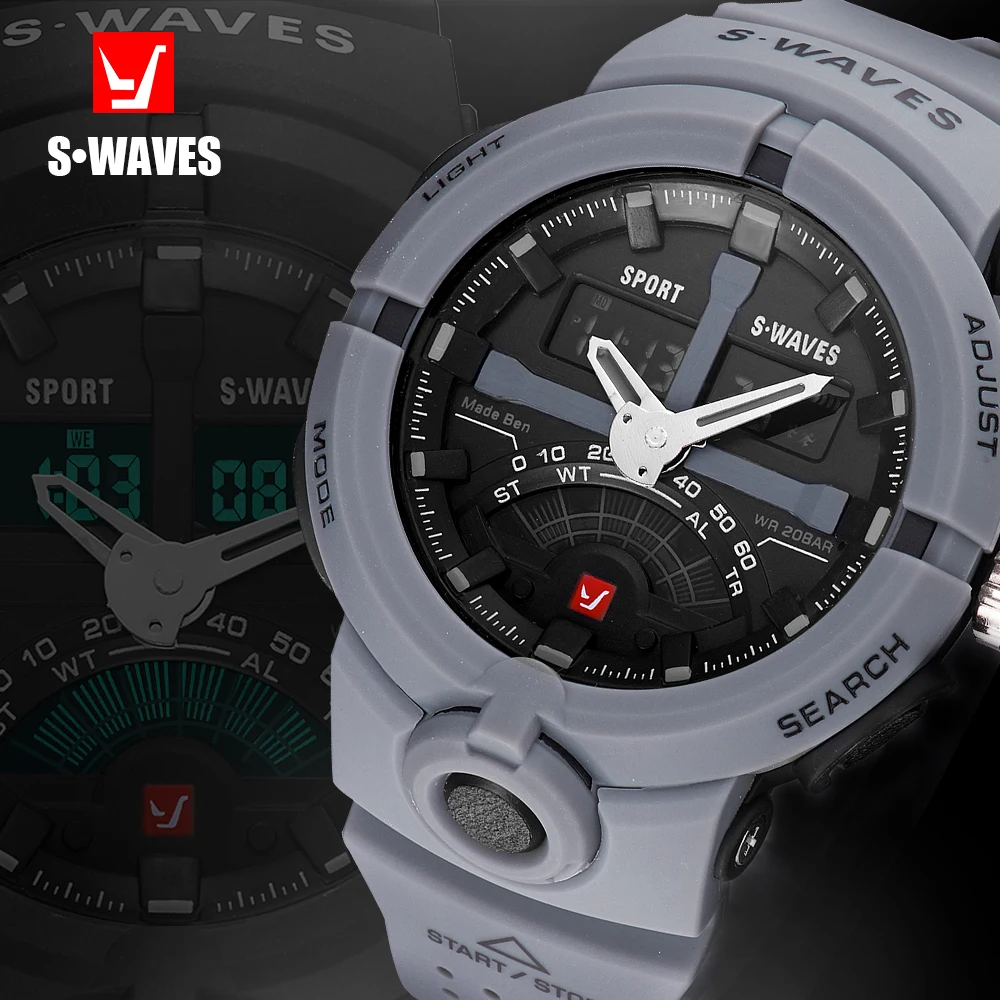 

SWAVES Brand Dual Display Waches Men Watch Quartz Army Sport Waterproof Digital Wristwatches Plastic Clock Relogio Masculino