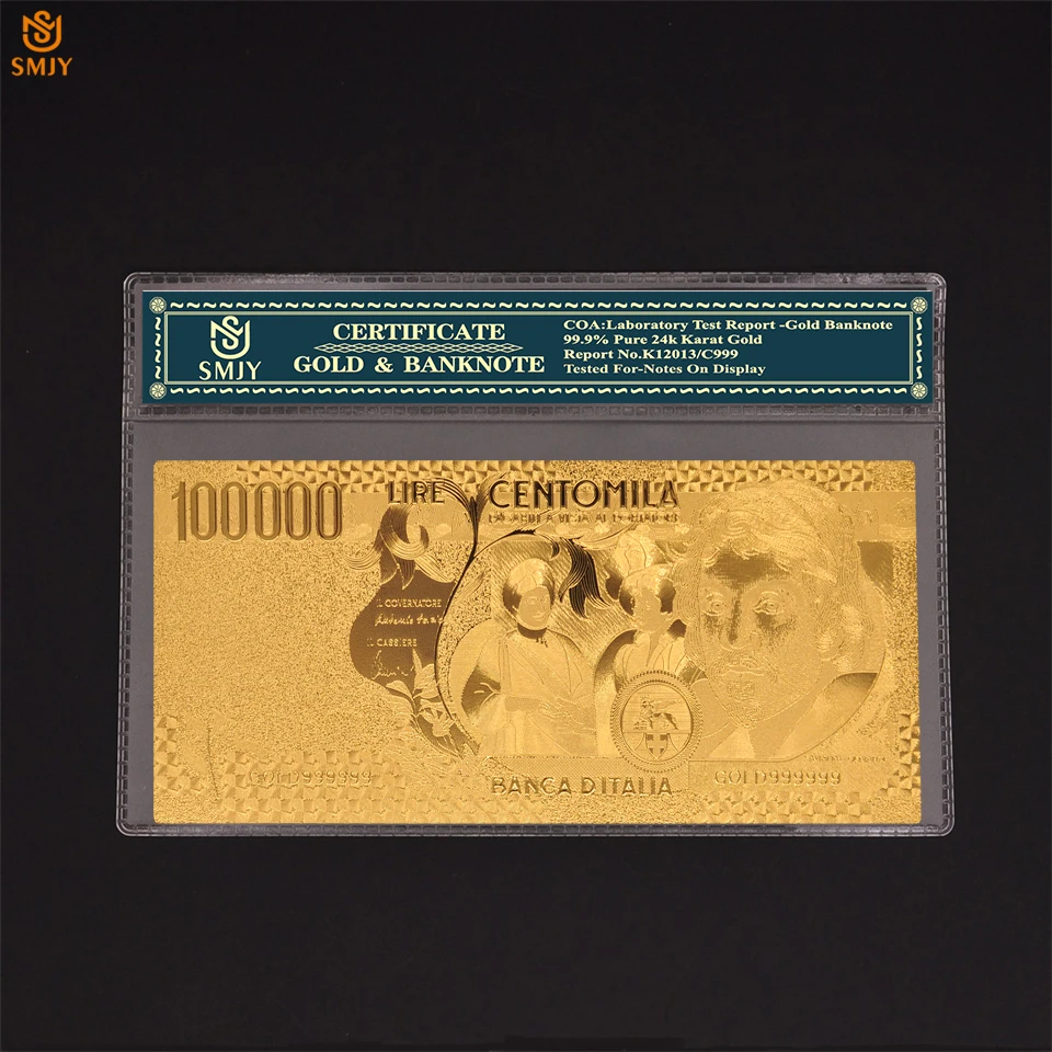 

New Product 2018 Italy World Currency Paper 100000 Lira Gold Plated Money Replica Paper Banknote Collections With COA