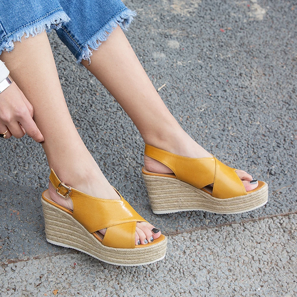 

ANNYMOLI Summer Sandals Women Shoes Genuine Leather Platform Wedge Heels Shoes Cow Leather Buckle Super High Heel Sandals Size 9