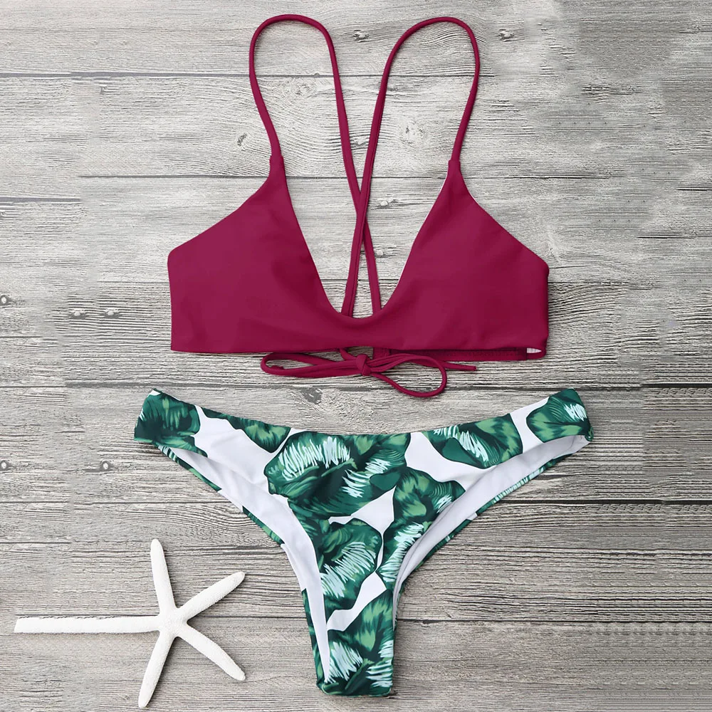 ZAFUL купальники Cami Bralette пальмовый лист бикини набор купальный костюм Спагетти