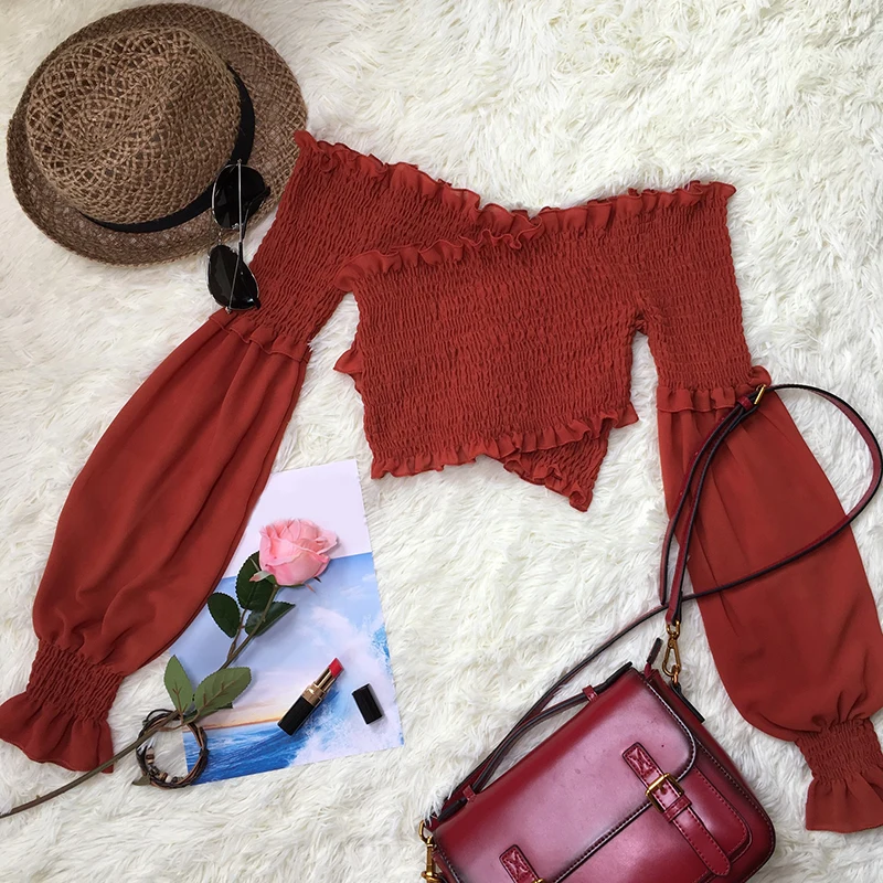 Укороченный Топ без бретелек с открытыми плечами оранжевого и красного цвета