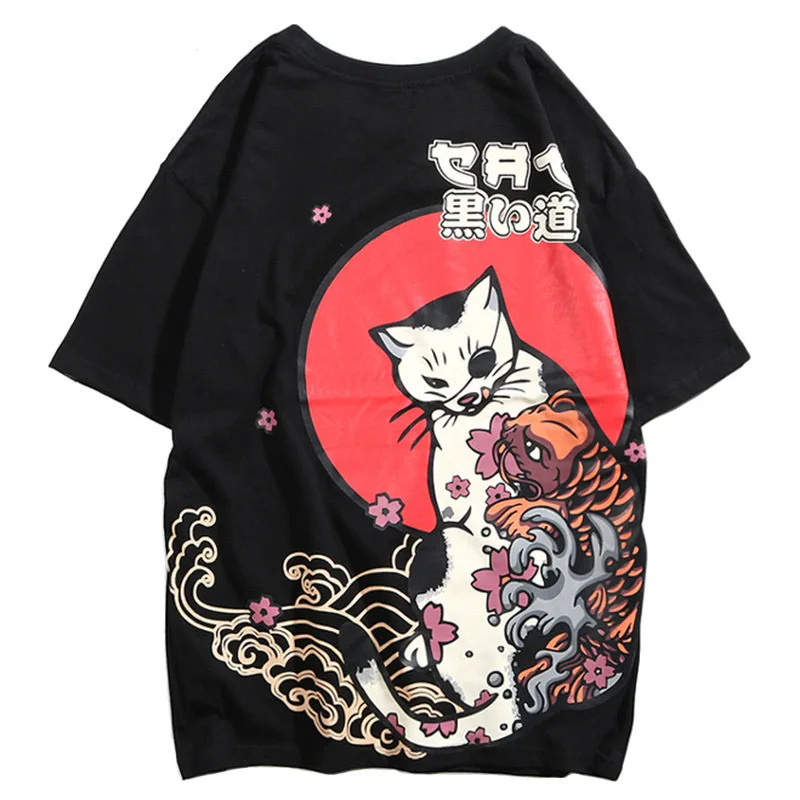 Японский стиль Ukiyo E Cat Футболка Harajuku уличная мужская повседневная Летняя