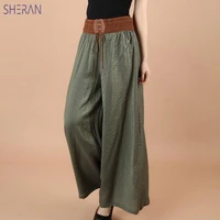 sheran cotton linen soft wide leg women pants elastic waist ankle length solid color summer loose trouser 90cm pantalon femme