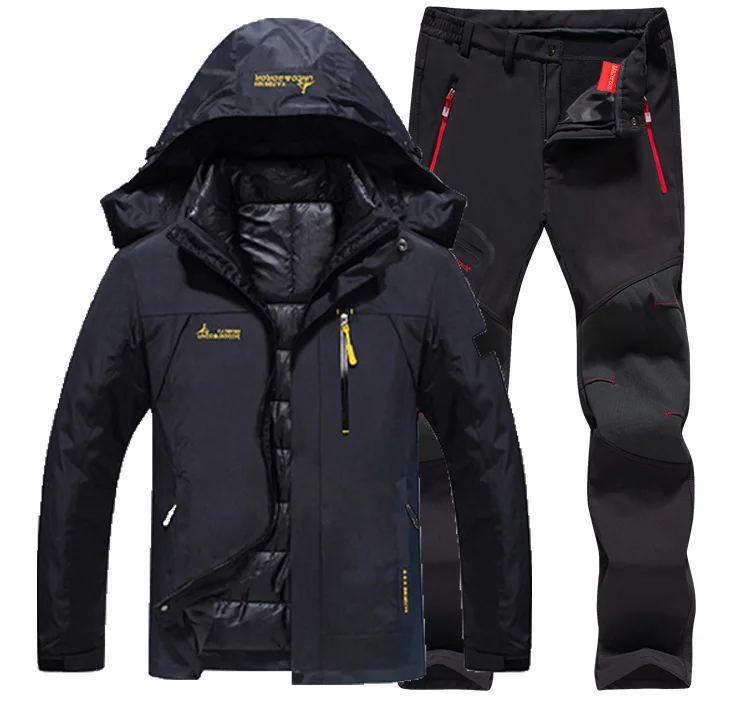 Black set 6XL костюм размера плюс для походов, Походов, Кемпинга, катания на лыжах, альпинизма 3 в 1, уличные куртки, набор для мужчин, зимние водонепроницаемые рыболовные термо брюки - Цвет: Black set