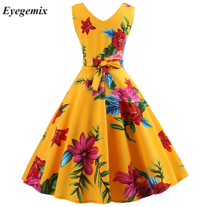 Женское бальное платье туника PinUp hepbern с цветочным принтом и бантом 50 S/60 S|Женские