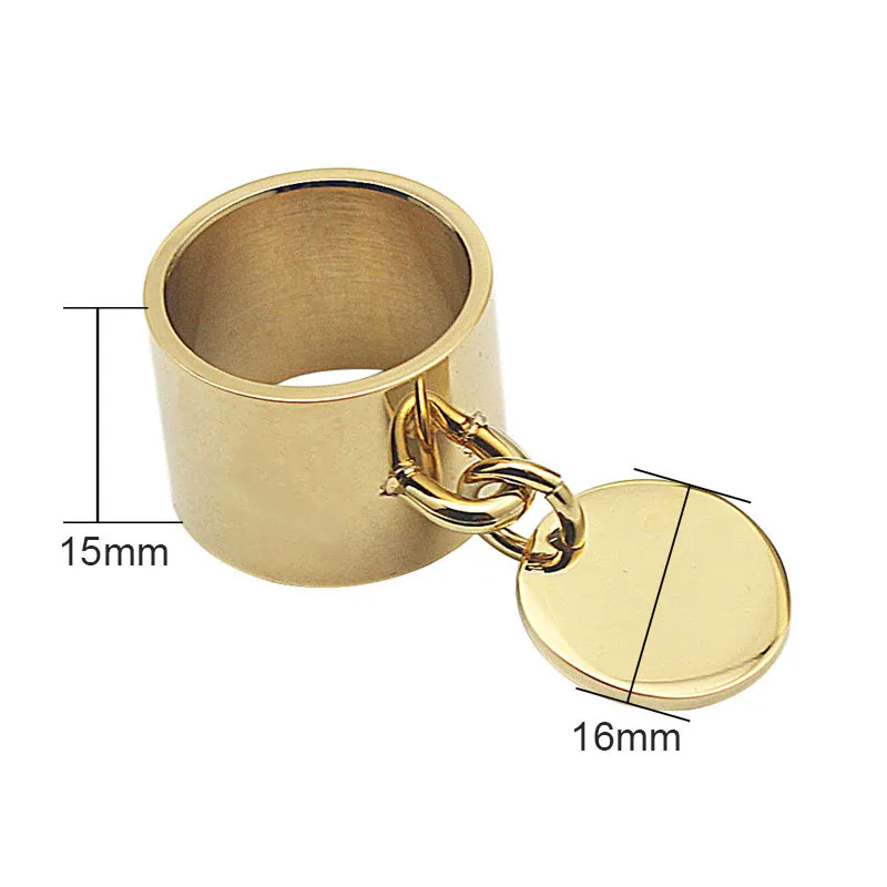 Engraving big wide Gold Color Plain Band Midi customizing brand finger rings with round metal charm tag customized bague|finger ring|wide ringring