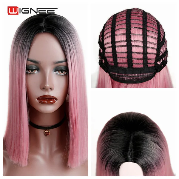 Wignee 2 тона Ombre розовые короткие прямые волосы синтетические парики для черных женщин высокая плотность натуральные волосы мягкие модные парик - Цвет: Ombre Pink
