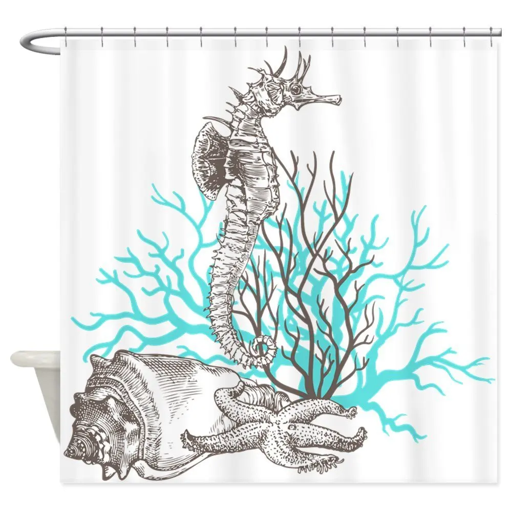 Ocean Gems Seahorse In Teal Decorative Fabric Shower Curtain Set Non-slip Bath Mat for Doormat Outdoor | Дом и сад