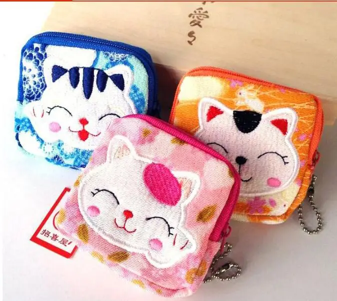 50pcs/pack Lovely Women Purse Lucky Cat 10 Styles Small Zero Wallet Cloth Coin Purses Canvas Bag Student Gift Wholesale 8*8 cm