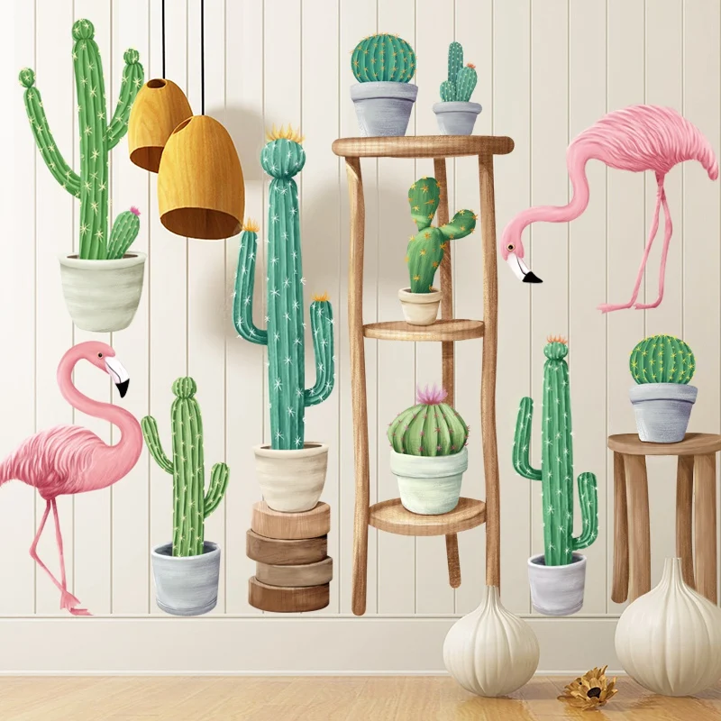 Flamingo Cactus Potted Plant Wall Stickers Living room Bedroom Kids Home Decor Vinyl Decals Removable PVC Art Murals | Дом и сад
