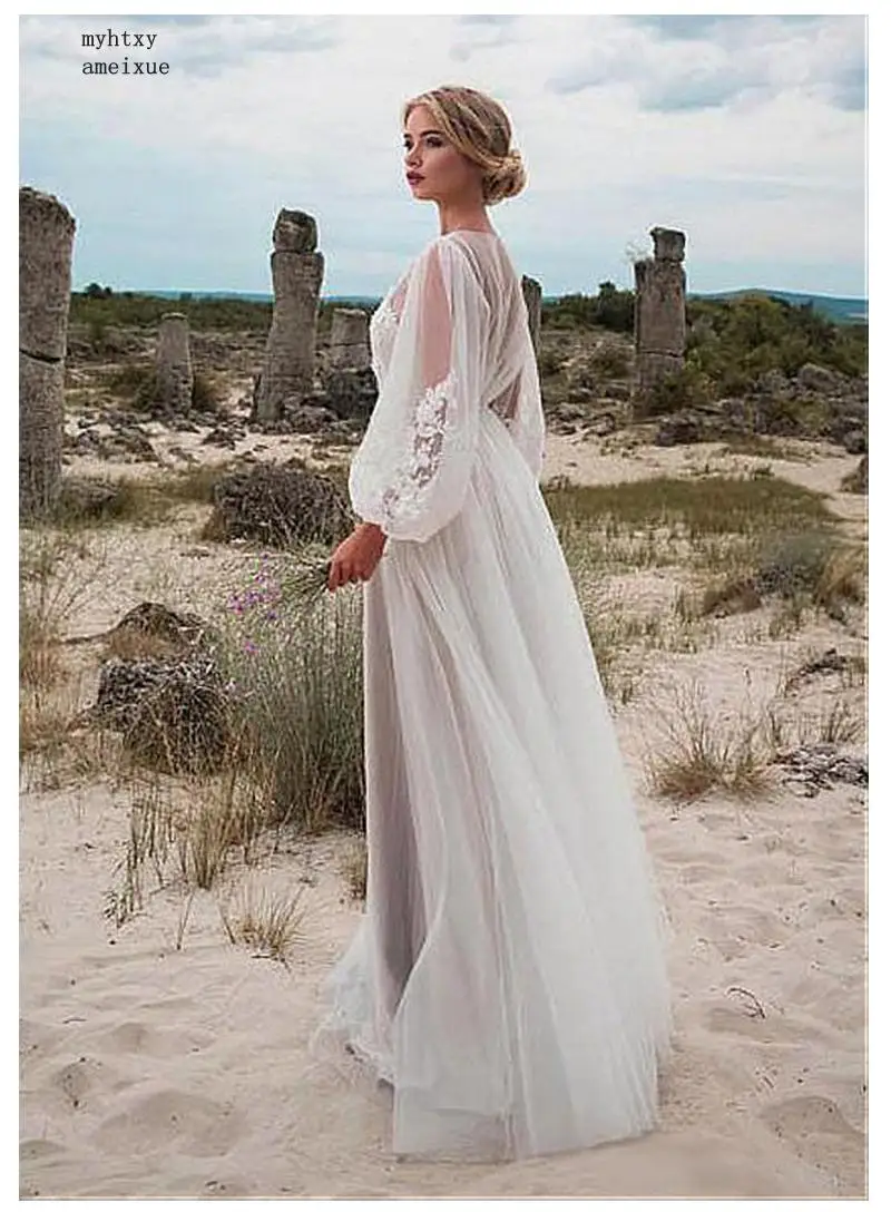 

Beach Cheap Wedding Dress 2020 Robe De Mariee Puff Sleeves Delicate Appliques Sexy Bride Dress Backless Vestido De Novia China