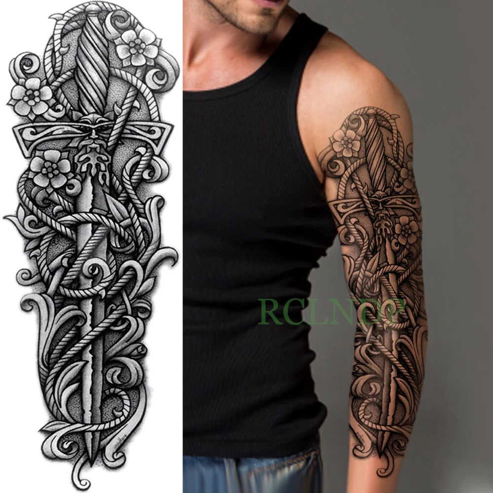 Водостойкая Временная тату наклейка на всю руку большой размер наклейки кинжал