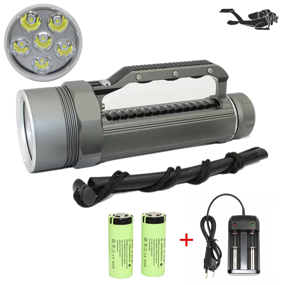 Professional LED Diving Flashlight 6 x  XM-L2 7200 Lumens 26650 Torch for diver underwater photograph explore hunting