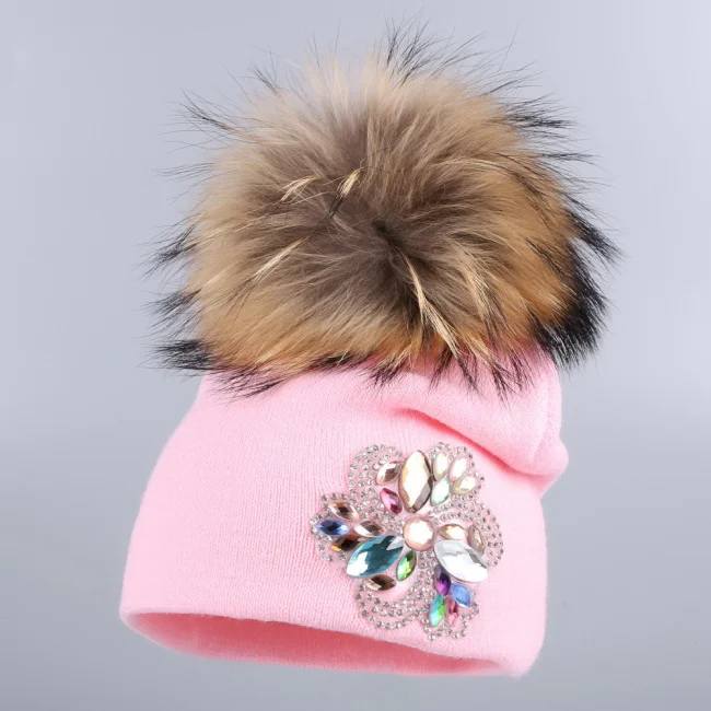 mink pompom ; модная детская зимняя шапка для мальчиков и девочек; Милая шапка с помпоном из норки для малышей; хлопковые Разноцветные Детские брендовые шапочки с цветочным рисунком - Цвет: mink pompom