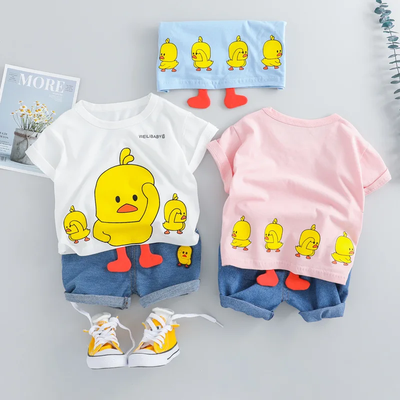 New Kids clothes Sets 2019 Baby for boys casual cartoon T-Shirt Tops+Denim Patch shorts Cute Pants 2 Pcs Suits C2478 |