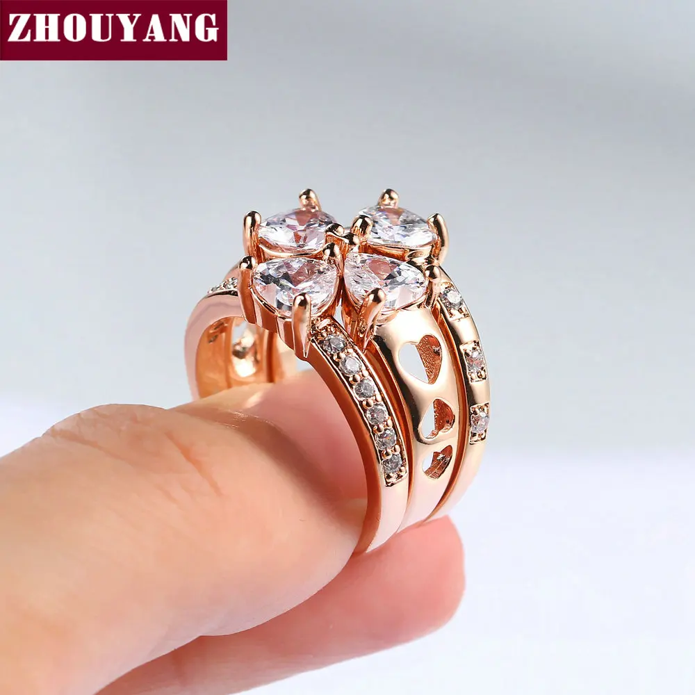 ZHOUYANG, роскошные кольца, наборы для женщин, сладкое сердце, свадьба, счастливый клевер, кубический цирконий, розовое золото, 3 шт., модные ювелирные изделия R673