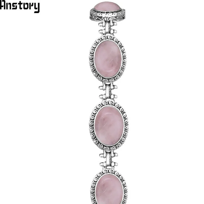 Pink Quartz Овальный натуральный розовый кварц аметисты нефрита камень браслет для женщин цветок улитки античный посеребренный ювелирные изделия - Окраска металла: Pink Quartz