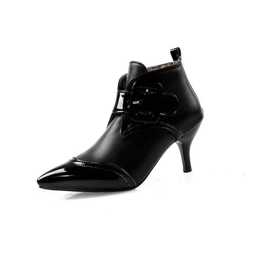 Черный QUTAA Patent Leather Mixed Color Buckle Strap Women Shoes Autumn Winter Sexy Thin Heel Pointed Toe Ankle Boots Size 34-43 - Цвет: Черный